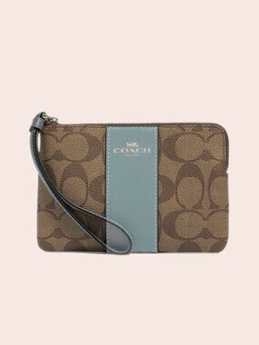 Coach Corner Zip Wristlet Khaki Signature Canvas Blue Trim Mini Pouch EUC